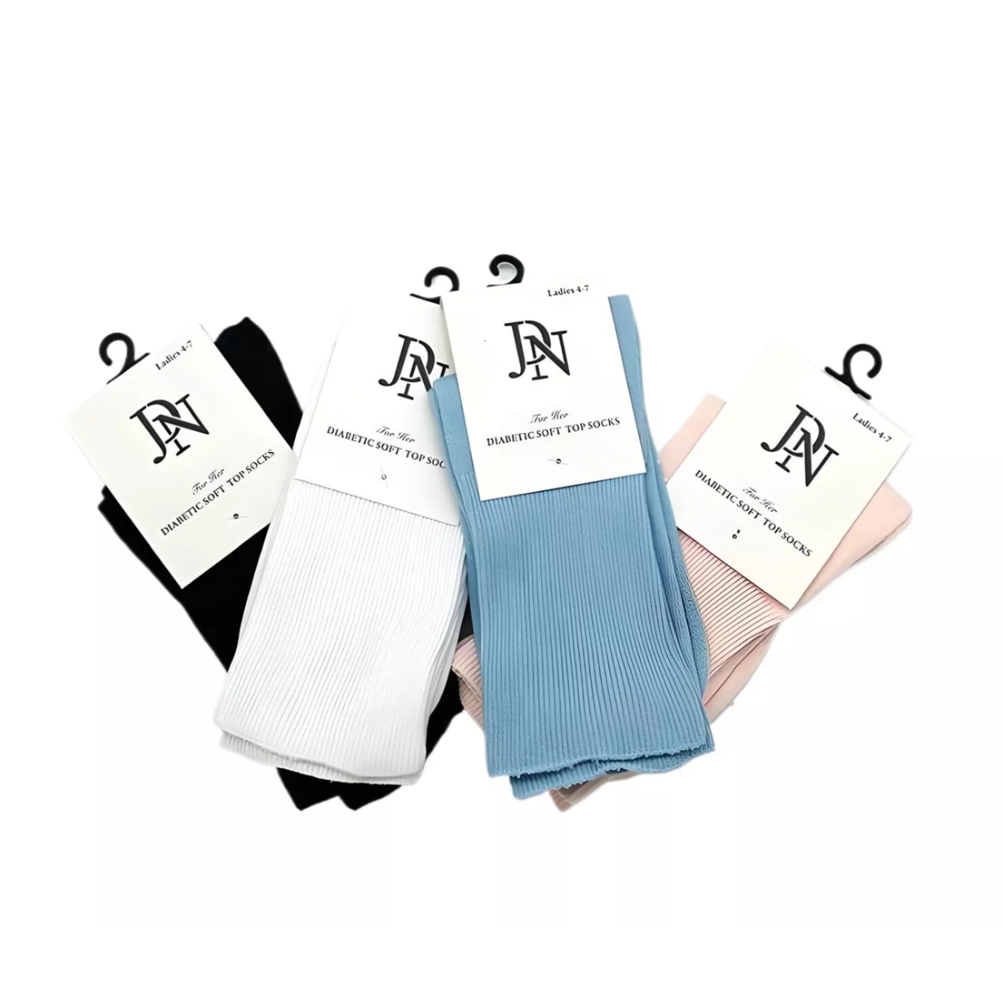 Ladies JDN branded black, white, blue and pink diabetic socks with non-elastic soft top for comfort and circulation support